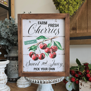 cadre sign farmhouse farm fresh cherries cerises rouges vintage