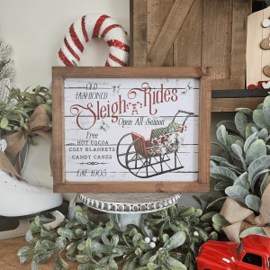 Cadre décoratif farmhouse Sleigh Rides en bois, style vintage Noël avec traîneau ancien et sucres d’orge