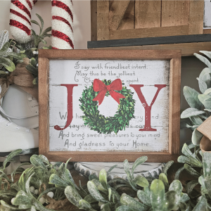 Cadre décoratif farmhouse Joy en bois, style vintage Noël avec couronne et ruban rouge