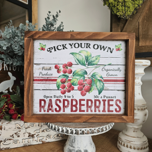 Cadre sign farmhouse framboises Pick Your Own en bois style campagne chic