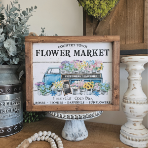 Cadre sign farmhouse Flower Market avec camion vintage bleu et bouquets de fleurs