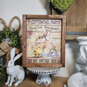 Cadre sign farmhouse P. Cottontail Farms lapin poussin Pâques