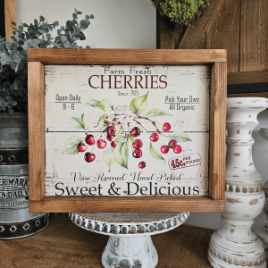 cadre sign farmhouse farm fresh cherries en bois avec cerises rouges pour décoration cuisine vintage