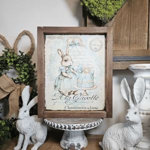 Décoration murale romantique cottage cadre lapin robe bleue