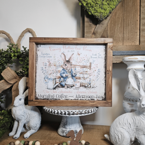 Cadre sign farmhouse Bunny Hollow Tea Room lapin tasses vintage en bois