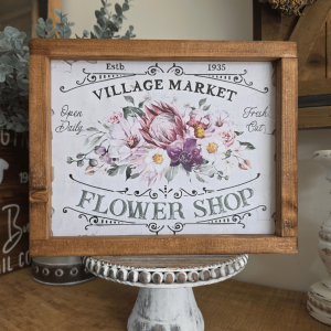 Cadre sign farmhouse Village Market Flower Shop avec bouquet floral en bois