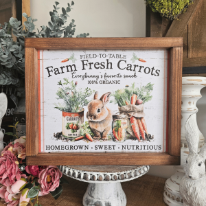 Cadre sign farmhouse Farm Fresh Carrots avec lapin et carottes style campagne chic