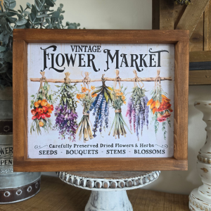 Cadre sign farmhouse Vintage Flower Market avec bouquets de fleurs séchées en bois