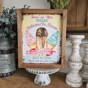 cadre sign farmhouse delicious ice cream en bois avec cornets de glace pour décoration vintage gourmande