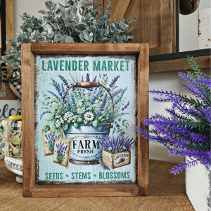 cadre sign farmhouse lavender market en bois avec panier de lavande pour décoration provençale vintage