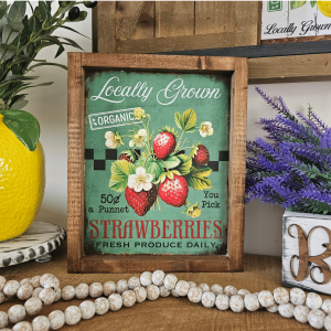cadre sign farmhouse locally grown strawberries en bois avec fraises pour décoration cuisine vintage