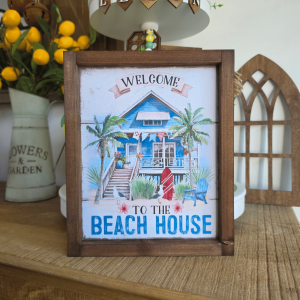 cadre sign farmhouse welcome to the beach house en bois avec maison de plage pour décoration bord de mer vintage