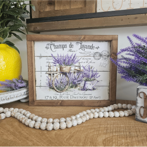 cadre sign farmhouse champs de lavande en bois avec vélo ancien pour décoration provençale vintage