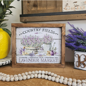 cadre sign farmhouse country fields lavender market en bois avec arrosoir de lavande pour décoration provençale vintage