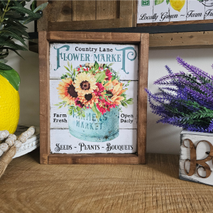 cadre sign farmhouse country farm flower market en bois avec bouquet de fleurs pour décoration vintage campagne chic