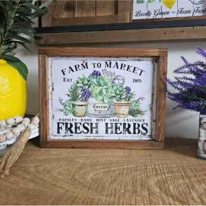 cadre sign farmhouse farm to market fresh herbs en bois avec herbes aromatiques pour décoration cuisine vintage