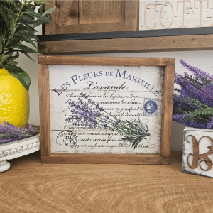 cadre sign farmhouse les fleurs de marseille lavande en bois style carte postale ancienne pour décoration provençale vintage