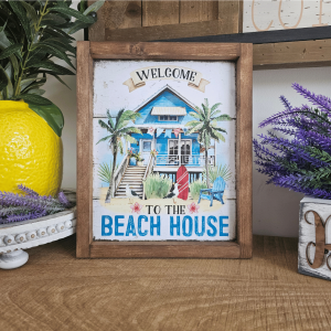cadre sign farmhouse welcome to the beach house en bois avec maison de plage pour décoration bord de mer vintage