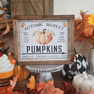 Cadre décoratif en bois Autumn Market avec citrouille et lettrage rétro – Style farmhouse vintage pour décoration automnale et Thanksgiving