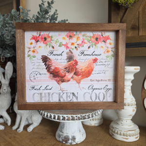 Cadre sign farmhouse Chicken Coop avec poules et fleurs en bois