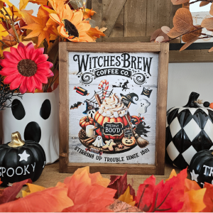 Cadre en bois déco Halloween avec motif café de sorcière, fantômes et citrouilles