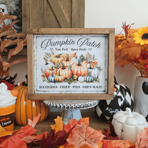 Cadre mural en bois style farmhouse avec illustration de citrouilles et texte Pumpkin Patch, décoration automnale rustique pour intérieur cosy
