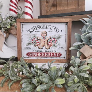 Cadre décoratif en bois Kringle & Co avec bonhomme pain d’épices – Style farmhouse vintage pour décoration de Noël gourmande et rustique