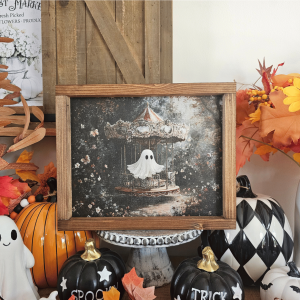 Cadre décoratif farmhouse Ghost Carrousel en bois, style vintage Halloween avec fantôme sur manège
