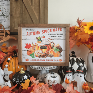 Cadre décoratif farmhouse Autumn Spice Café en bois – déco automnale vintage avec citrouilles, boissons chaudes et pâtisseries – 29 x 23,5 cm