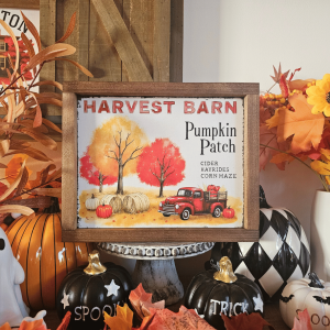 Cadre décoratif farmhouse Harvest Barn Pumpkin Patch en bois, style vintage automne avec camion rouge et citrouilles