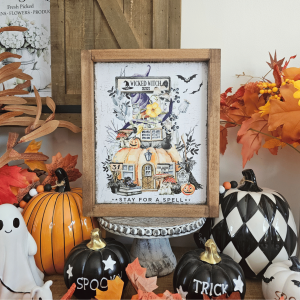 Cadre décoratif farmhouse Wicked Witch en bois, style Halloween vintage avec maison de sorcière et citrouilles