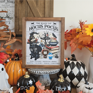 Cadre décoratif farmhouse Hocus Pocus Apothecary en bois, style Halloween vintage avec chat noir et potions magiques
