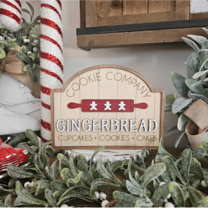 Panneau décoratif farmhouse Gingerbread en bois, style vintage Noël avec rouleau à pâtisserie et bonhommes pain d’épices