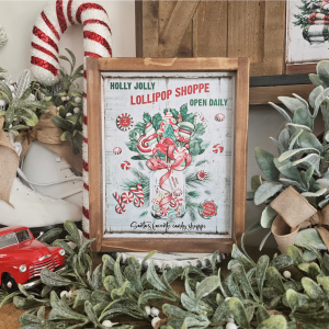 Cadre décoratif farmhouse Holly Jolly Lollipop Shoppe en bois, style vintage de Noël avec sucres d’orge et friandises