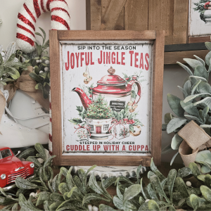 Cadre décoratif farmhouse Joyful Jingle Teas en bois, style vintage Noël avec théière rouge et guirlandes