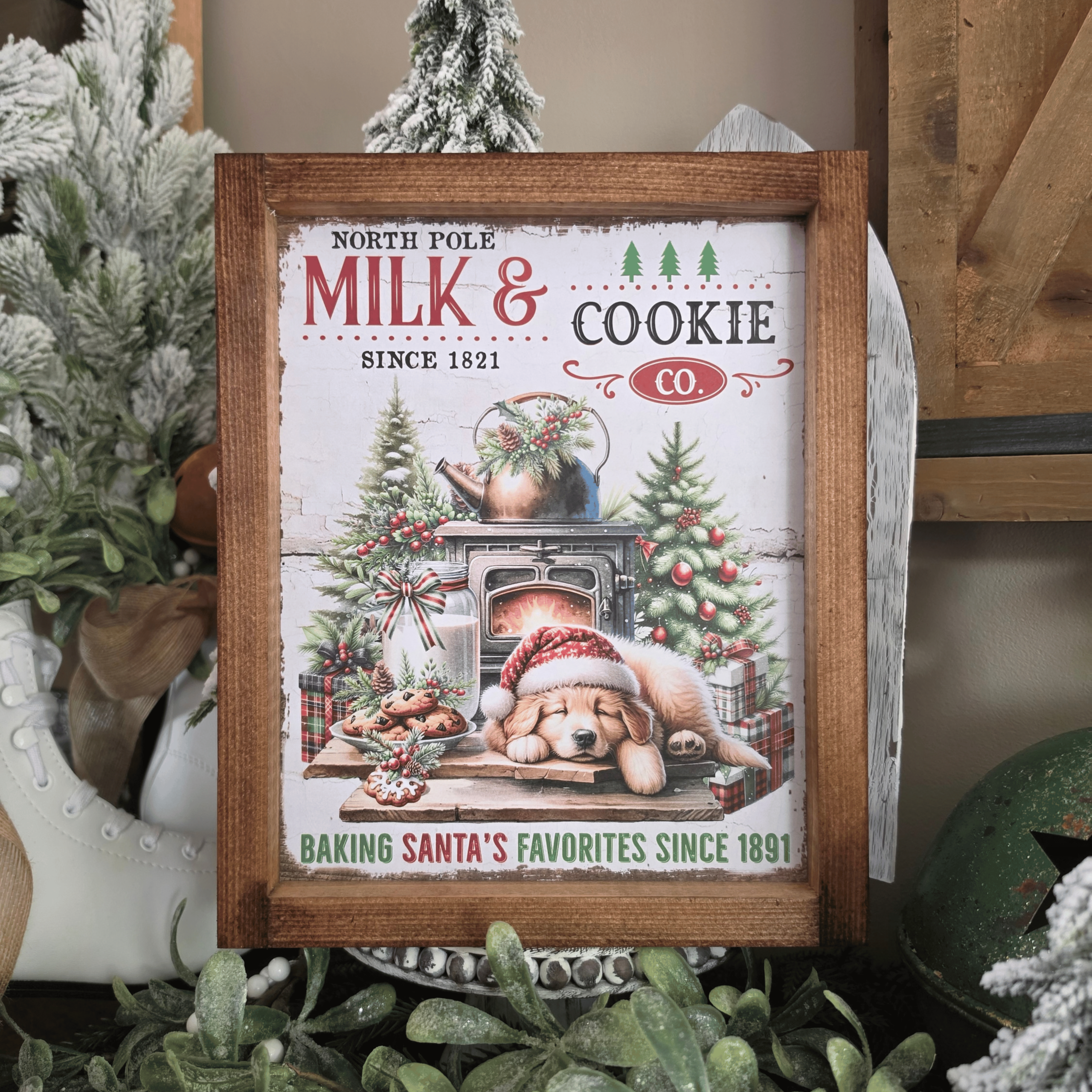 Cadre farmhouse Noël Milk and Cookie Co avec chien, biscuits et sapins
