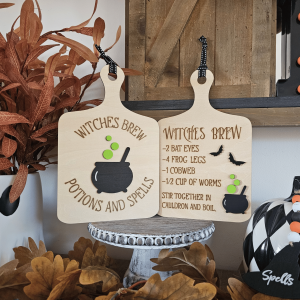 Ensemble de 2 planches décoratives farmhouse Witches Brew en bois, style Halloween vintage avec chaudron et recette magique