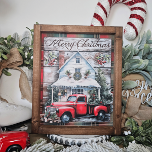 Cadre décoratif farmhouse Merry Christmas Red Truck en bois, style vintage avec maison enneigée et camion rouge