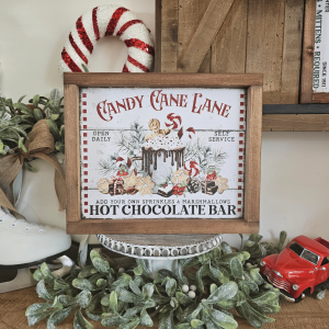 Cadre décoratif farmhouse Candy Cane Lane en bois, style vintage Noël avec chocolat chaud, biscuits et sucres d’orge