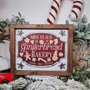 Cadre décoratif farmhouse Mrs. Claus Gingerbread Bakery en bois, style vintage Noël avec biscuits pain d’épices et enseigne rétro