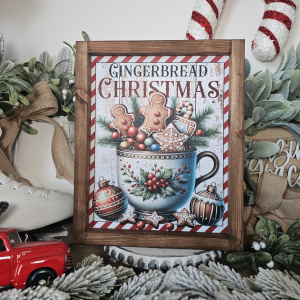 Cadre décoratif farmhouse Gingerbread Christmas en bois, style vintage avec tasse et biscuits pain d’épices