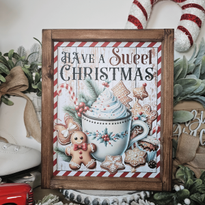 Cadre décoratif farmhouse Have a Sweet Christmas en bois, avec tasse de chocolat chaud et biscuits de Noël