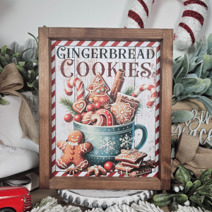 Cadre décoratif farmhouse Gingerbread Cookies en bois avec tasse de Noël et biscuits pain d’épices