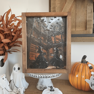 Cadre décoratif farmhouse Witches Library en bois, style Halloween vintage avec sorcières et bibliothèque gothique