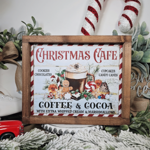 Cadre décoratif farmhouse Christmas Café Coffee & Cocoa en bois, style vintage Noël avec tasse de café, chocolat chaud et biscuits