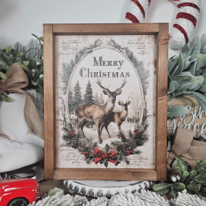 Cadre décoratif farmhouse Merry Christmas avec cerfs et sapins enneigés, déco rustique en bois