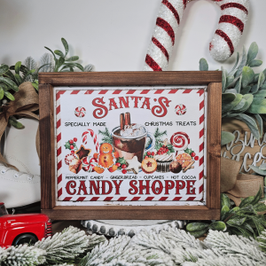 Cadre décoratif farmhouse Santa’s Candy Shoppe en bois, style vintage Noël avec friandises, biscuits et chocolat chaud