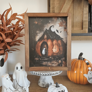 Cadre décoratif farmhouse Ghost Pumpkin House en bois, style Halloween vintage avec fantôme et maison citrouille
