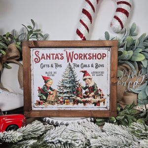 Cadre décoratif farmhouse Santa’s Workshop en bois, style vintage Noël avec lutins, jouets et sapin