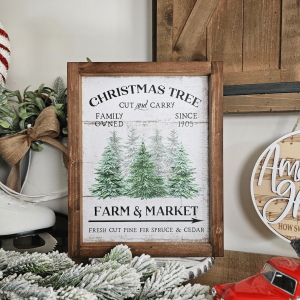 Cadre décoratif farmhouse Christmas Tree Farm & Market en bois avec sapins verts et style vintage